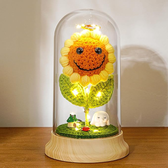 Levvohd Sunflower Gifts for Women, Sun Flower Birthday Gifts for Grandma, in Plastic Dome Sunflower, for Her Mom Mothers Day, Anniversary Christmas Valentine Gifts (C- White Rabbit)
