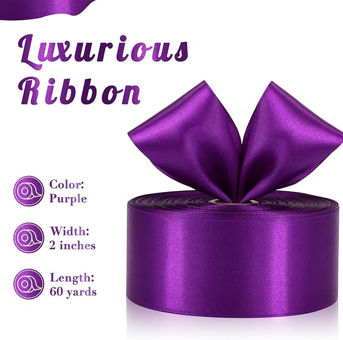Purple Ribbon 2 Inch 60 Yards, Dark Purple Satin Ribbon for Flower Bouquet, Wedding, Crafts, Gift Wrapping, Baby Shower, DIY Bows, Halloween, Christmas