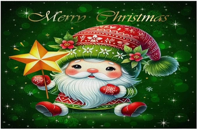 Xmas Christmas Green Santa Claus Placemats Set of 6 PVC Vinyl Non Slip Table Mats Heat Resistant Place Mats Washable Wipeable Dining Table Mat for Kitchen Decor Party Indoor Outdoor Decorative Gift