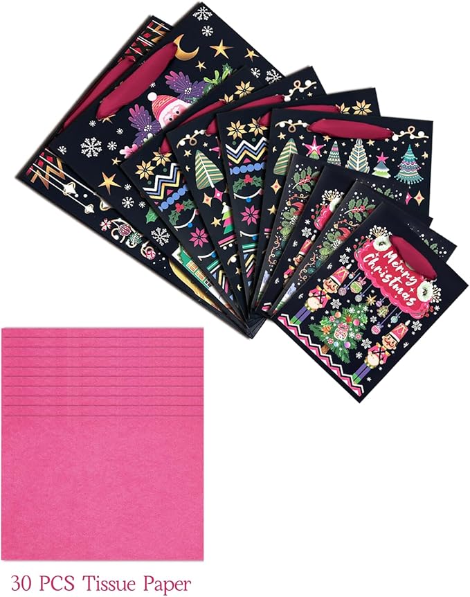 qiqee Christmas Paper Gift Bags with Tissue Paper Handles Assorted Sizes 10PCS Merry Christmas Bags(2pcs Large 13", 4pcs Medium 9", 4pcs Small 6"，30pcs Tissue Paper)
