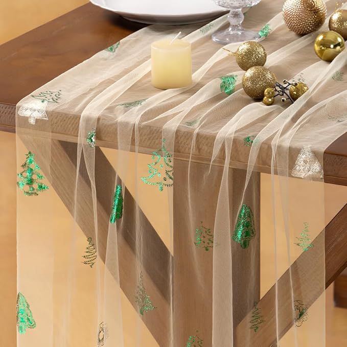 Socomi Christmas Tree Table Runner Gold Gauze Sheer Chiffon Cheesecloth Sequin 10FT Glitter Metallic Foil Dining Wedding Birthday Party Winter Holiday Centerpiece Table Decor Beige