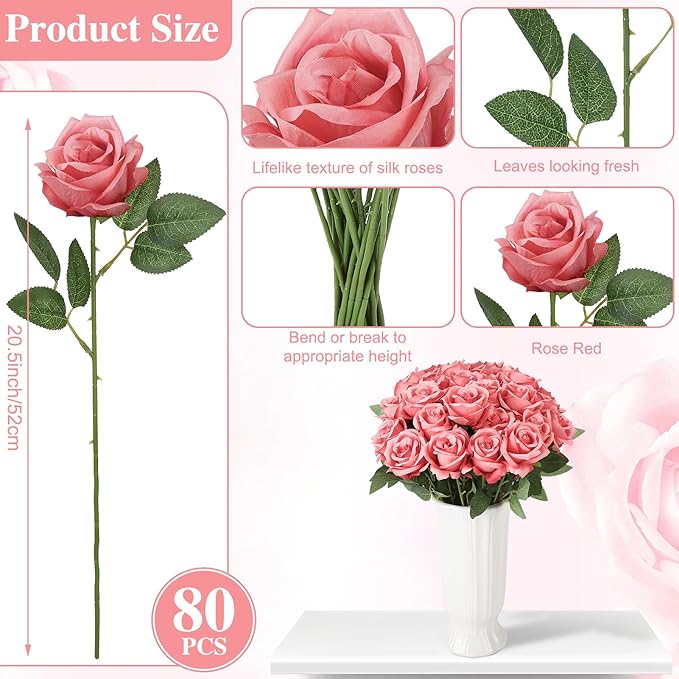 80 Pcs Roses Artificial Flowers, Silk Rose Red Artificial Flowers Petals Long Stem Roses for Wedding Bouquet Home Party Decor