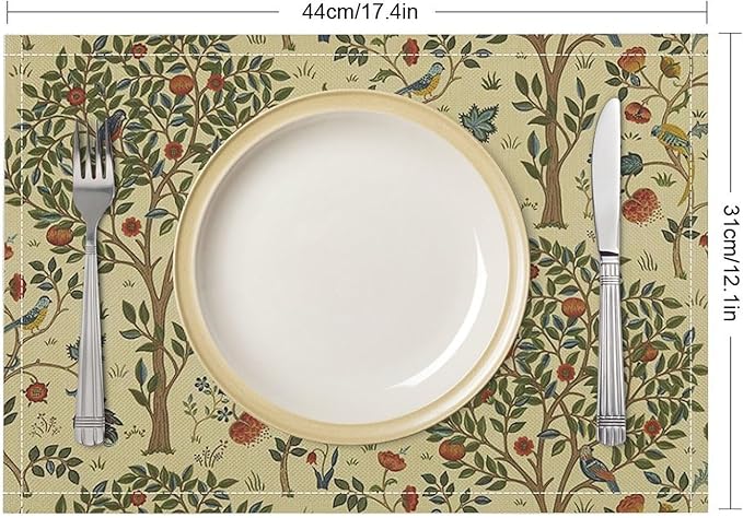 Vintage Trees Placemats Set of 6, William Morris Retro Boho Botanical Plant Birds Place Mats, Heat Resistant Non Slip Cotton Linen Dining Table Mats for Home Kitchen Party 18x12 Inch