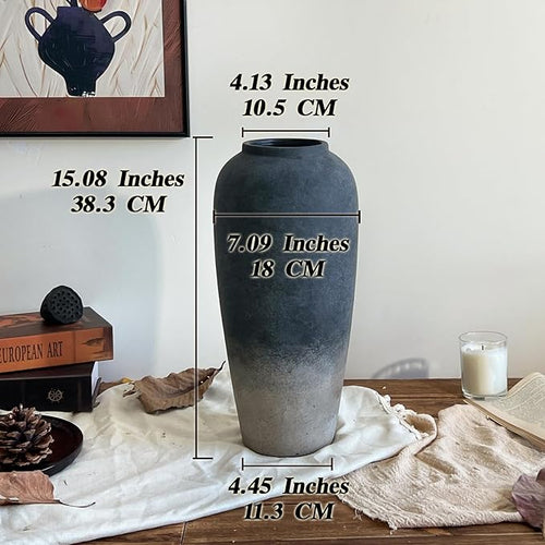 15 Inch Rustic Ceramic Vase, Black Flower Vase for Centerpieces, Farmhouse Decor for Living Room, Entryway & Kitchen, Vintage Pottery Vase for Wedding Gifts