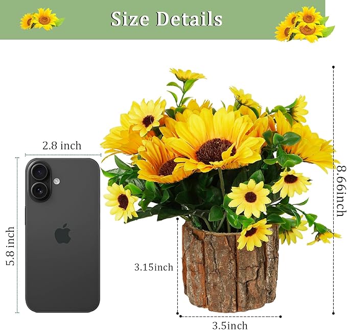 Artificial Flowers Fake Silk Sunflower Flower in Planters Flower Vase Small Rustic Potted Flower Arrangements Artificial for Home Outdoors Tabletop Decor Set of 2 (Yellow)