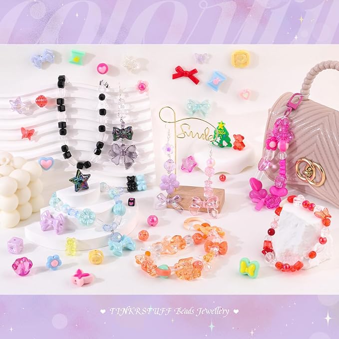 Assorted Acrylic Beads, 130-180PCS 3 Mixed Series Cute Beads for Bracelet Making, GummyBear Bow Flower Kawaii Charms for Jewelry Making DIY Necklace Keychain Phone Charm Christmas Gift