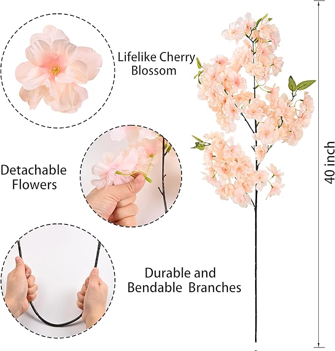Sunm Boutique Champagne Faux Cherry Blossom Branches, Artificial Cherry Blossom Stems Cherry Blossom Flowers Vase Arrangements for Wedding Home Party Kitchen Decor, Set of 3