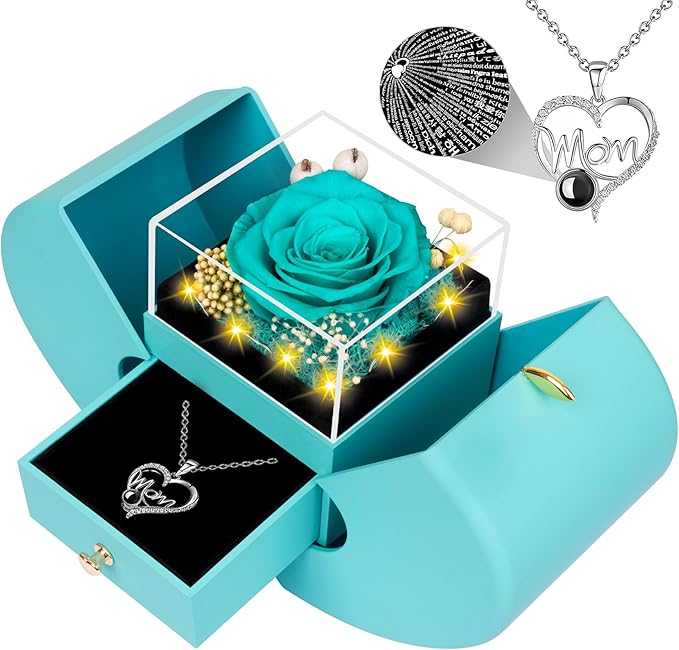 Gifts for Mom from Daughter and Son, Unique Mother Birthday Gift Idea, Preserved Navy Blue Real Roses with I Love You in 100 Languages Mom Necklace, Cool Present to Mother Mama -Navy Blue