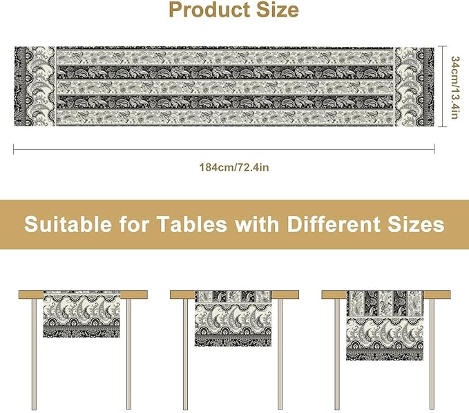 Vintage Bohemian Table Runner, Striped Black Grey Paisley Flower Boho Table Runner for Kitchen Dining Holiday Home Party, 13x60 Inch
