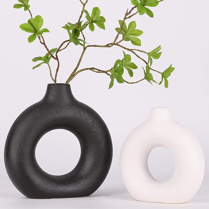 Black and White Vase Decor Donut Vase Set of 2 - Circle Hollow Vases, Modern Matte Ceramic Vases for Entryway Living Room Bedroom Dining Table Centerpiece Office Home Decor