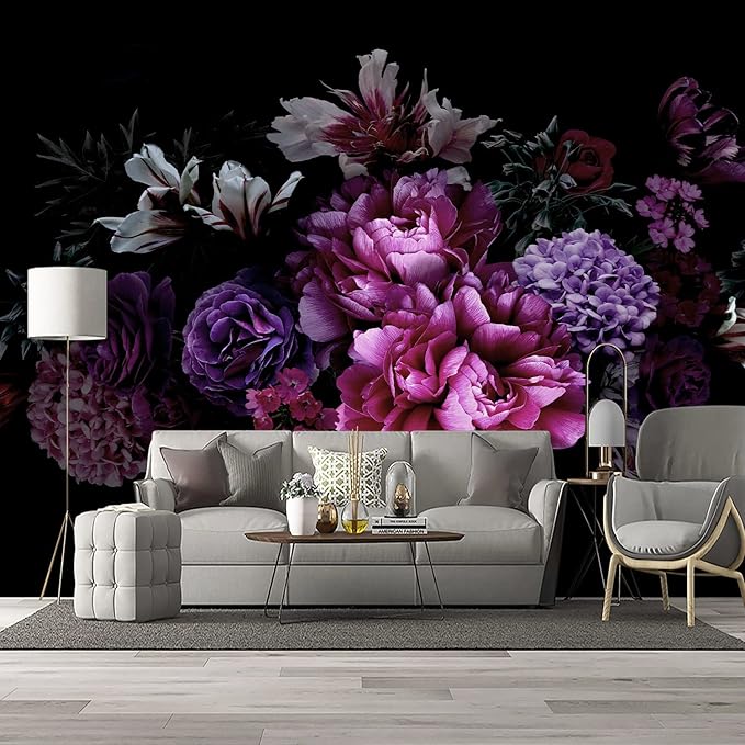 Black Peony Floral Wallpaper Bedroom Purple Botanical Flowers Leaf murals Living Room tv Background Large Wall Mural Aesthetic Room Decor - 91"x65" Not Peel and Stick