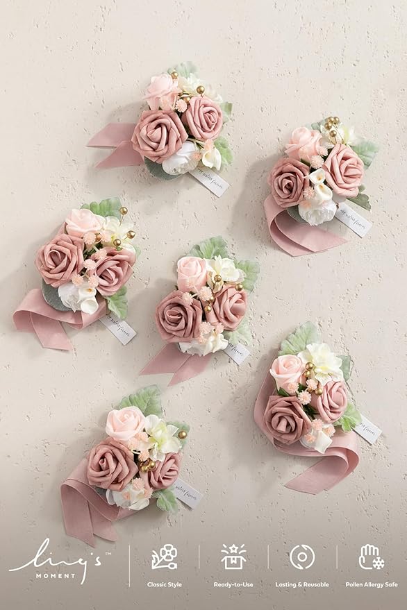 Ling's moment 6pcs Wedding Wrist Corsage Artificial Flowers, Girl/Mother Homecoming Prom Corsages Wristlet Décor, etc. Dusty Rose Pink