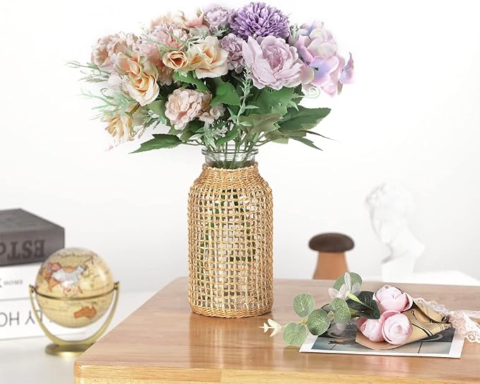 WHJY Boho Glass Vase, Rattan Vase, Farmhouse Rattan Décor, Round Flower Vase Basket Vase for Floral Arrangements -6.3 inch