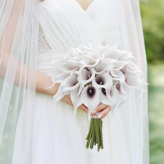 24 Pcs Artificial Calla Lily Flowers Fake Silk Flowers Real Touch for Wedding Bouquet Office Goth Home Kitchen Decor (White Black)