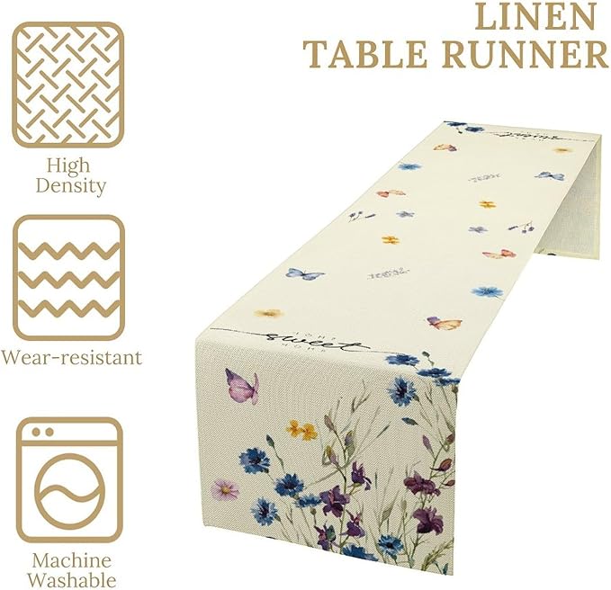 Blue Floral Table Runner, Spring Summer Watercolor Wildflower Butterfly Country Farmhouse Coffee Table Center Decor for Home Kitchen Dining Patio Holiday Party Table Decorations 13x108 inches