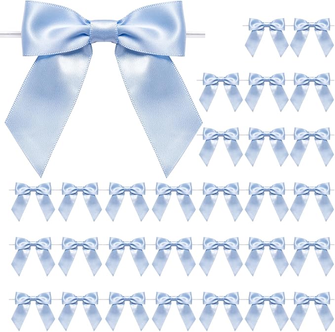 WRAPAHOLIC 30 Pcs 3" Dusty Blue Satin Ribbon Bows with Twist Tie - Pretied Premade Craft Bows for Christmas Party Crafts Treat Bags Gift Wrapping Wedding Birthday Baby Shower