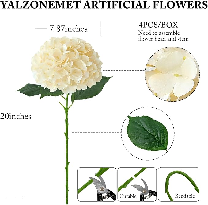 YalzoneMet 4Pcs Champagne Silk Hydrangea Artificial Flower Lifelike Big Blooms 20'' Long Stem Faux Hydrangea Flower Bouquets for Home Party Indoor Outdoor Wedding Table Centerpiece Decor