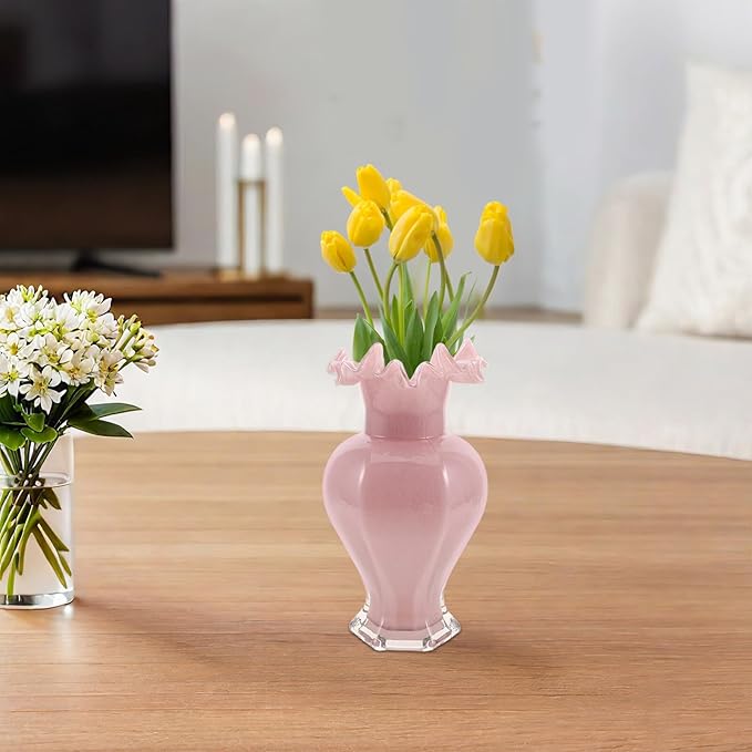 Pearlescent Pink Glass Decorative Vase with Artistic Curved Rim Handblown Artistic Planter for Flower Bouquets Unique Home Accent for Living Dining Table Office and Wedding Decor