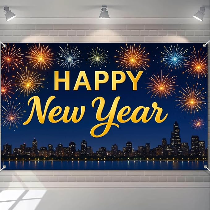 Happy New Year Banner 71x43 Inch Fireworks Skyline Party Wall Decoration New Year Photo Backdrop for Indoor Celebration Countdown Event Holiday Party Background Display
