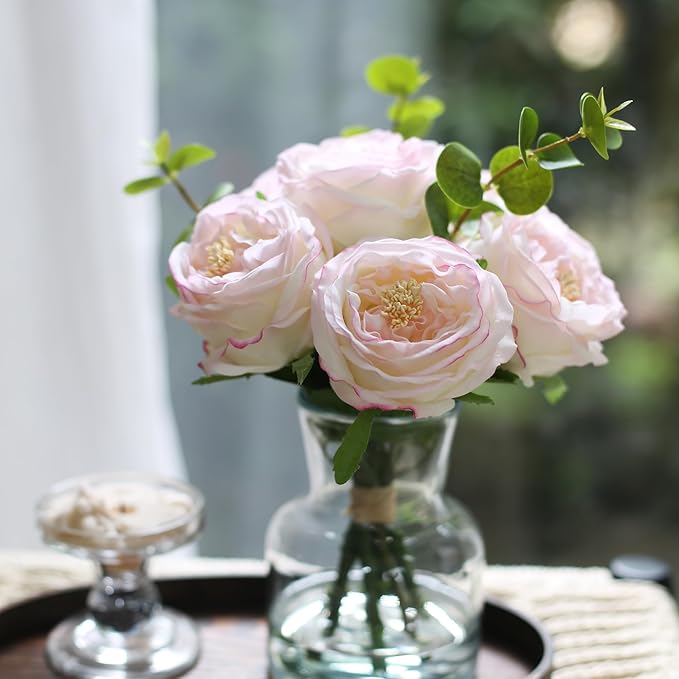 Artificial Flowers in vase, Vivid Faux Rose Flowers Arrangements, Austin Rose Centerpieces for Tables, Flower Ornaments and Flower Arts for Living Room (Champagne)