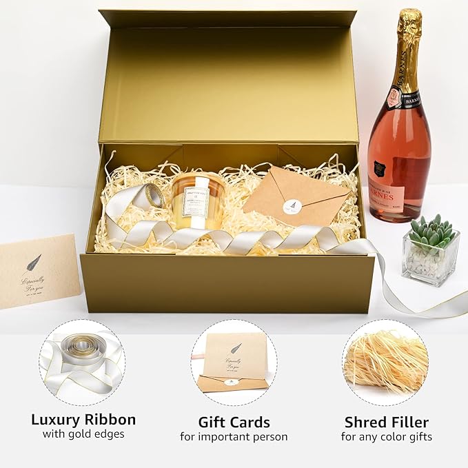 LIFELUM Empty Gift Boxes 1 Pack 13.85 x 8.35 x 4.45 inch Rectangle Collapsible Box with Magnetic Lid and Ribbon,Card,Shredded Paper Filler
