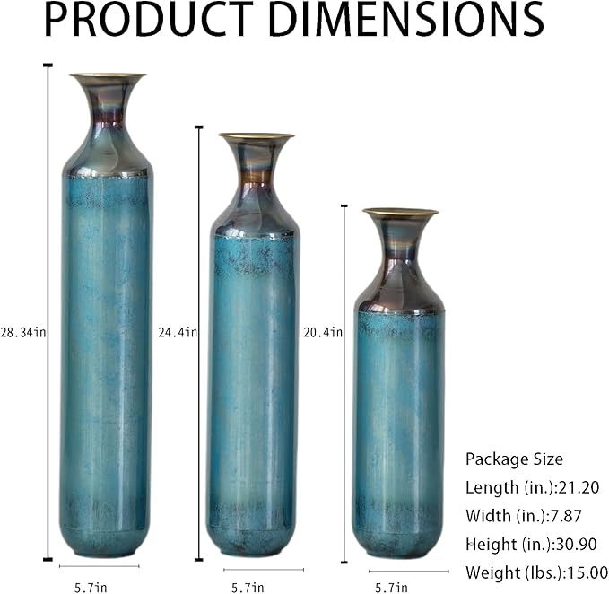Set of 3 Large Floor Vases, Modern Aqua Blue Metal Vases for Home Decor, Glazed Decorated Tall Vases 20.4 24.4 28.3 Inch for Wedding Living Room