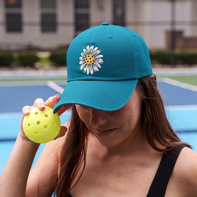 Waldeal Pickleball Hat for Women, Ajustable Embroidered Daisy Washed Denim Baseball Cap