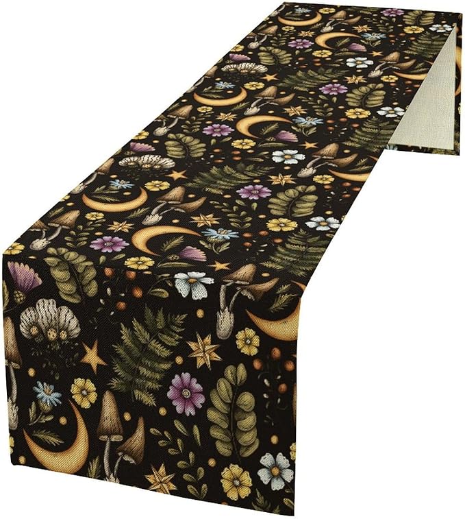 Vintage Mushroom Table Runner, Rustic Botanical Flowers Fern Moon Star Print Table Runner for Home Kitchen Dining Table Decoration Indoor Outdoor Party, 13x60inch