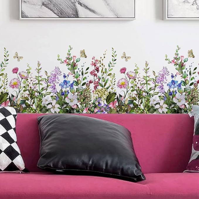 Big Plant Grass Wall Corner Stickers Flowers with Butterflies Base Board Skirting Line Wall Decals for Bedroom Living Room Staircase Kitchen