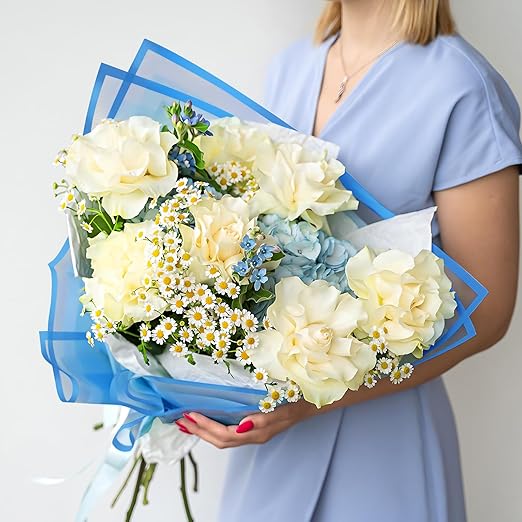 20 Sheets Blue Flower Wrapping Paper, Waterproof Floral Wrap Blue Edge Bouquet Wrapping Paper Florist Supplies (22.8 x 22.8 inch)