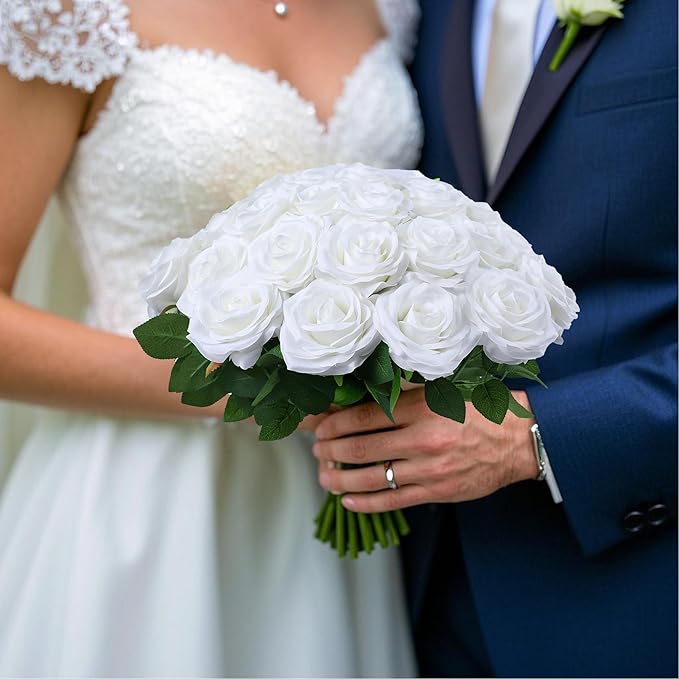 Artificial Rose Flower White Flowers White Roses Silk Flowers 50 pcs with Long Stem Silk Roses Bouquet for Wedding Bridal Shower Party Home Decoration