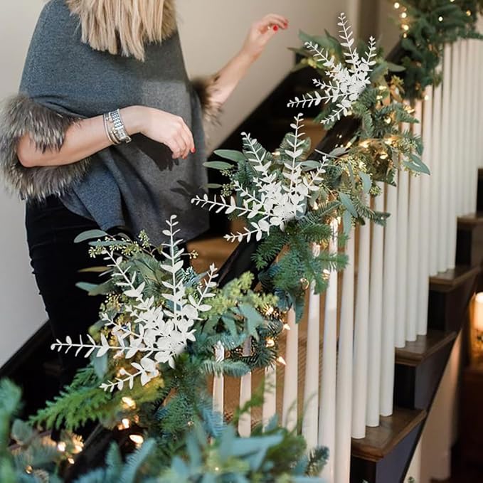 Hollyone 20 Pcs Glitter Artificial Eucalyptus Branches 13" Christmas Christmas Tree Picks and Sprays White Fake Eucalyptus Leaves for DIY Christmas Tree Garland Wreath Crafts Home Decoration