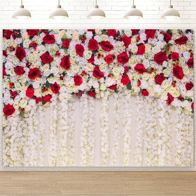 7x5ft White Red Flowers Wall Backdrops Wedding Floral Background Spring Blooming Roses Photography Banner for Bridal Shower Mothers Day Birthday Womens Day Valentines Day Baby Shower Decor