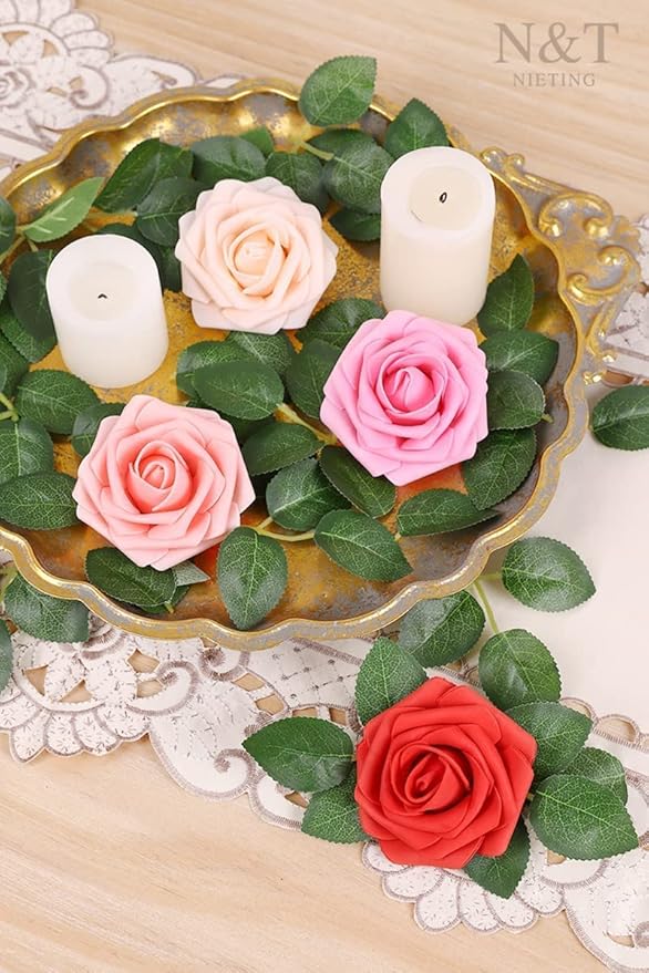 N&T NIETING Artificial Flowers 25pcs Real Looking Artificial Roses with Stems for Valentine's Day Mother's Day Wedding Bridal Bouquet Party Baby Shower Cake Decoration, Series Red
