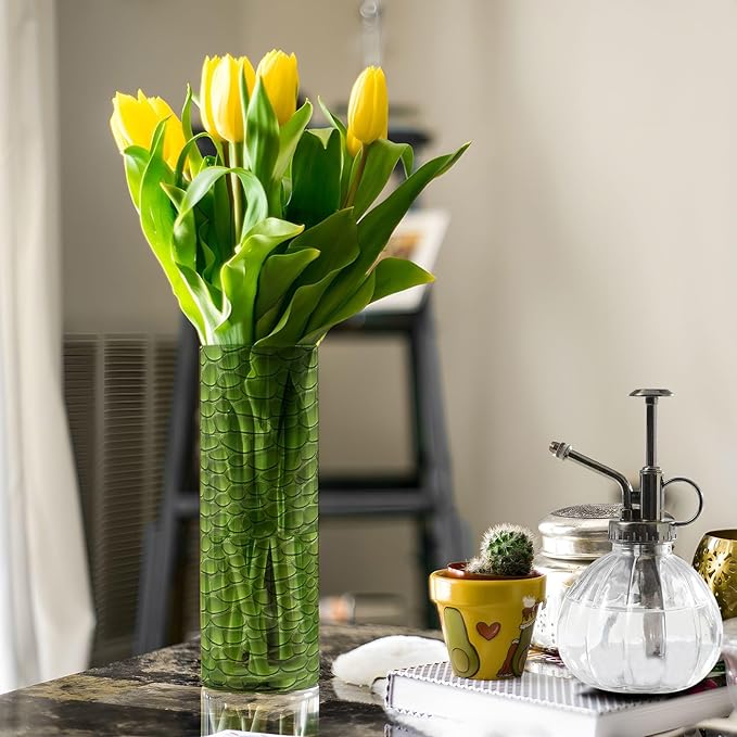Flower Vase for Centerpieces, Green Crocodile Leather Texture Plastic Cylinder Vase, Clear Bud Vases for Home Wedding Office Table Decor