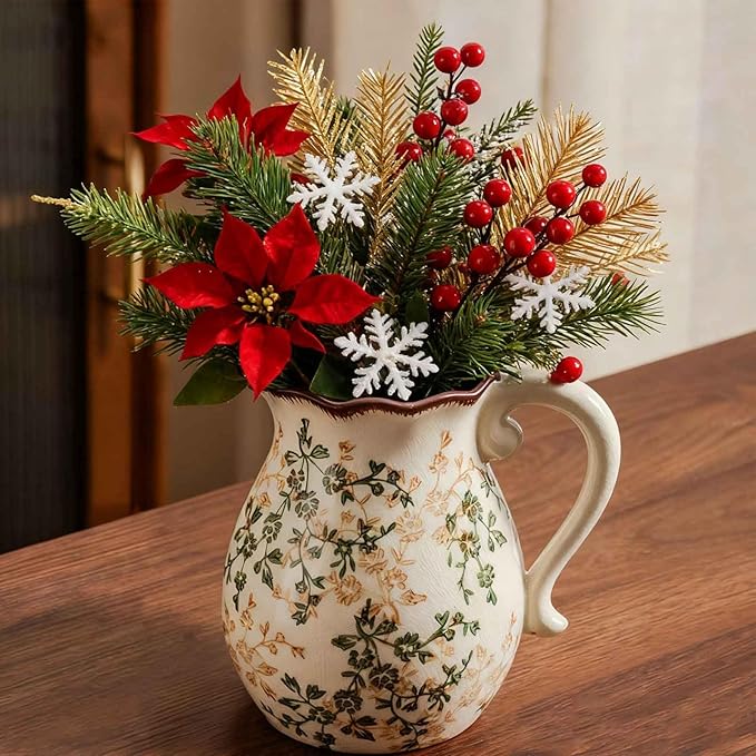 Vintage Ceramic Vase with Handle, Green and Beige Rustic Flower Pitcher Vase for Home Decor, Decorative Vase for Living Room, Bookshelf, Office, Vases for Centerpieces 8 Inch