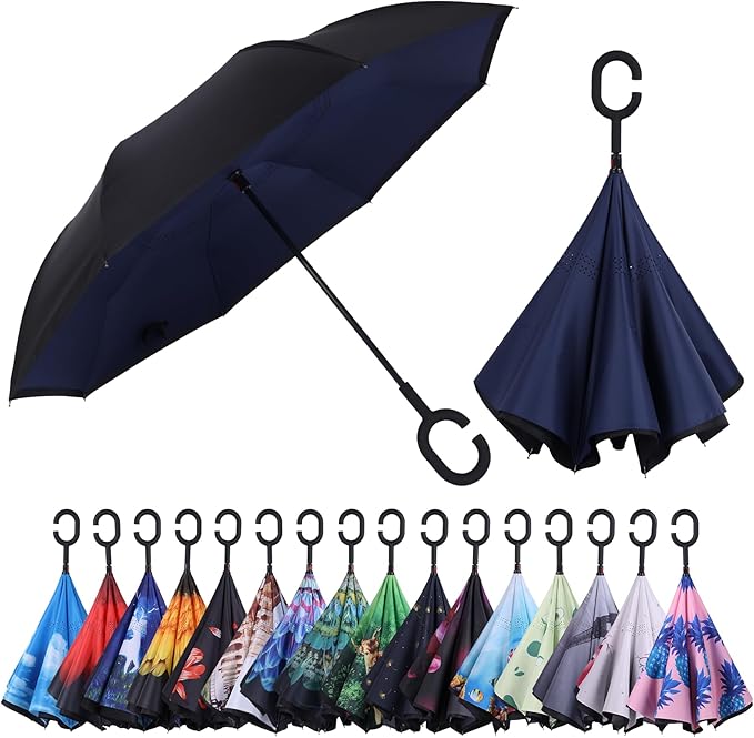 Inverted Umbrella, 49 Inch Double-Layer Vented Reverse Umbrella, Windproof Waterproof UV Protection, Lightweight C-Handle, Fiberglass Ribs, Steel Shaft, Travel/Commute/Car Use, With Sleeve