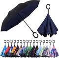 Inverted Umbrella, 49 Inch Double-Layer Vented Reverse Umbrella, Windproof Waterproof UV Protection, Lightweight C-Handle, Fiberglass Ribs, Steel Shaft, Travel/Commute/Car Use, With Sleeve
