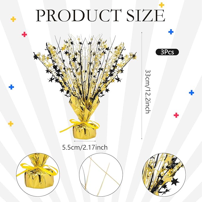 Crowye 3 Pieces Metallic Foil Spray Centerpiece Christmas Party Star Table Decoration Burst Centerpieces Fall Table Decor for Birthday New Year 2026 Party Holiday(Black Gold)