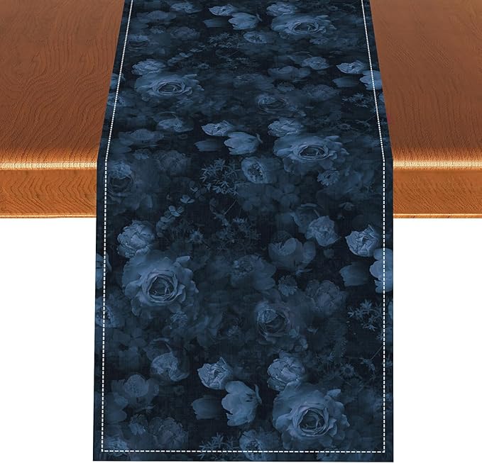 Gothic Floral Table Runner, Retro Dark Blue Flower Garden Witchy Rose Print Coffee Table Center Decor for Home Kitchen Dining Patio Holiday Party Indoor Outdoor Table Decorations 13x36 inches