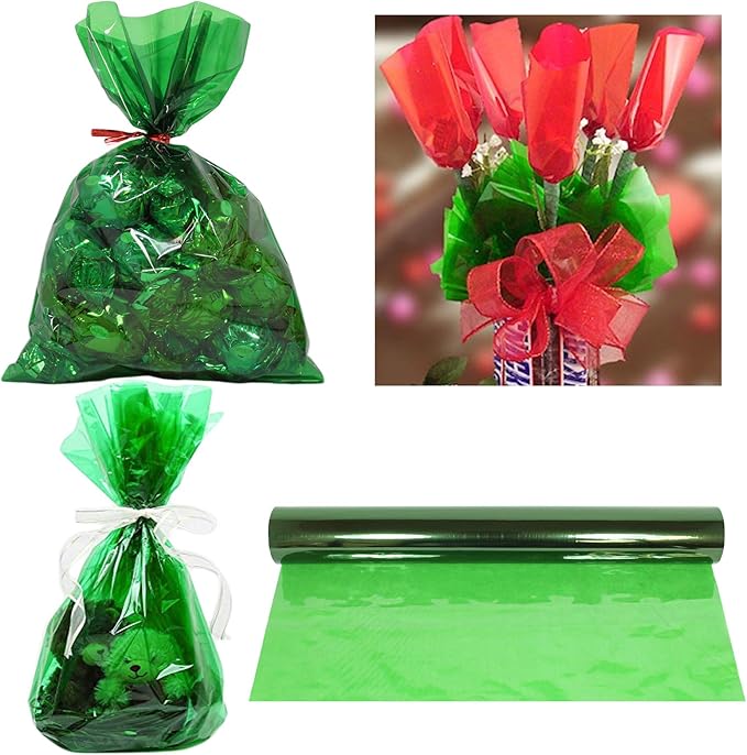Cellophane Wrap Roll Green | 100’ Ft. Long X 16” in. Wide | 2.3 Mil Thick Transparent Green | Gifts, Baskets, Arts & Crafts, Treats, Cellophane Wrapping Paper | Colorful Cello Christmas, Holiday Color