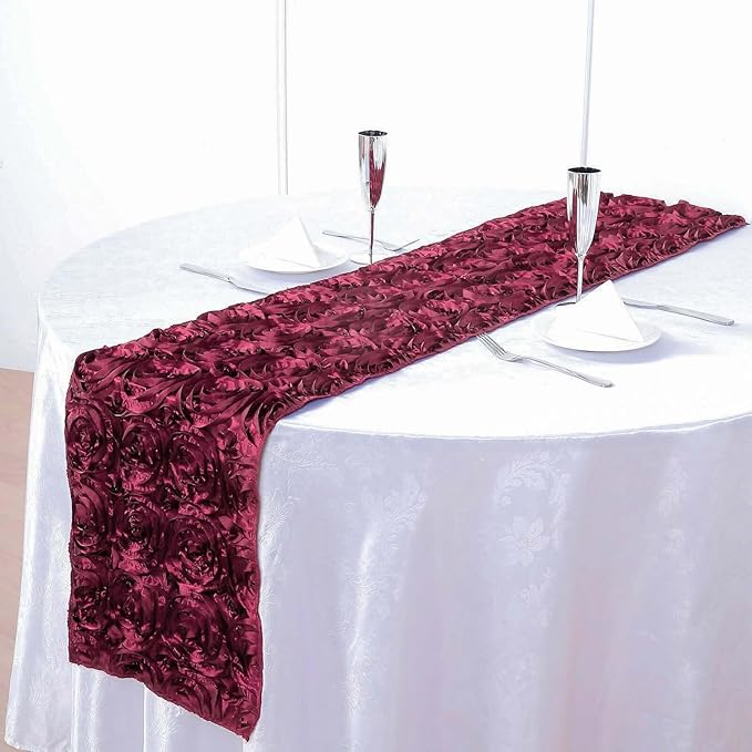 Efavormart 14"x108" Burgundy Grandiose Rosette Satin Table Runner for Party Dining Banquet Events Restaurant Kitchen Home and Multi-Use