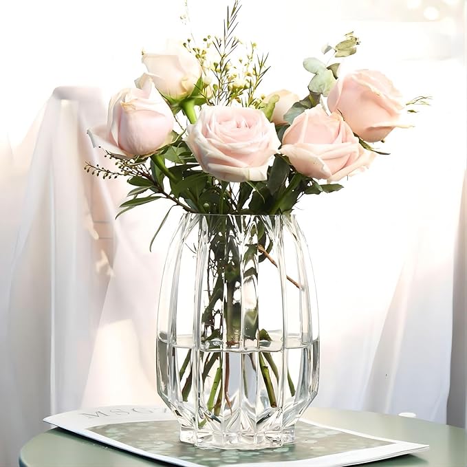 Flower Vase,7.8 inch,GIDARY Thickened Clear Ribbed Glass Vase for Bookshelf,Dinner Table,Indoor Office Desktop,Meeting Room,Home Christmas Day Decoration