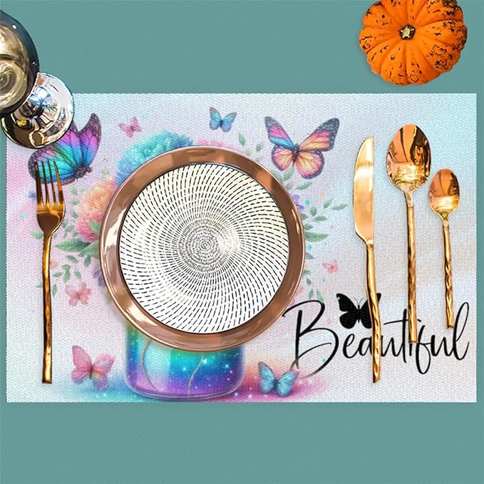 PVC Placemats Set of 6 Rainbow Flower Butterfly Wipeable Table Mats Washable Heat Resistant Non Slip Vinyl Dining Table Mat for Kithen Indoor Outdoor Patio Farmhouse Place Mats Decorative