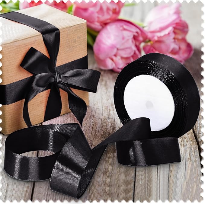 Luomorgo 1 Inch Black Satin Ribbon, 25 Yards Solid Color Ribbon, Fabric Ribbon for Gift Wrapping, Flower Bouquet, DIY Craft, Sewing, Wedding, Birthday Party Decorations