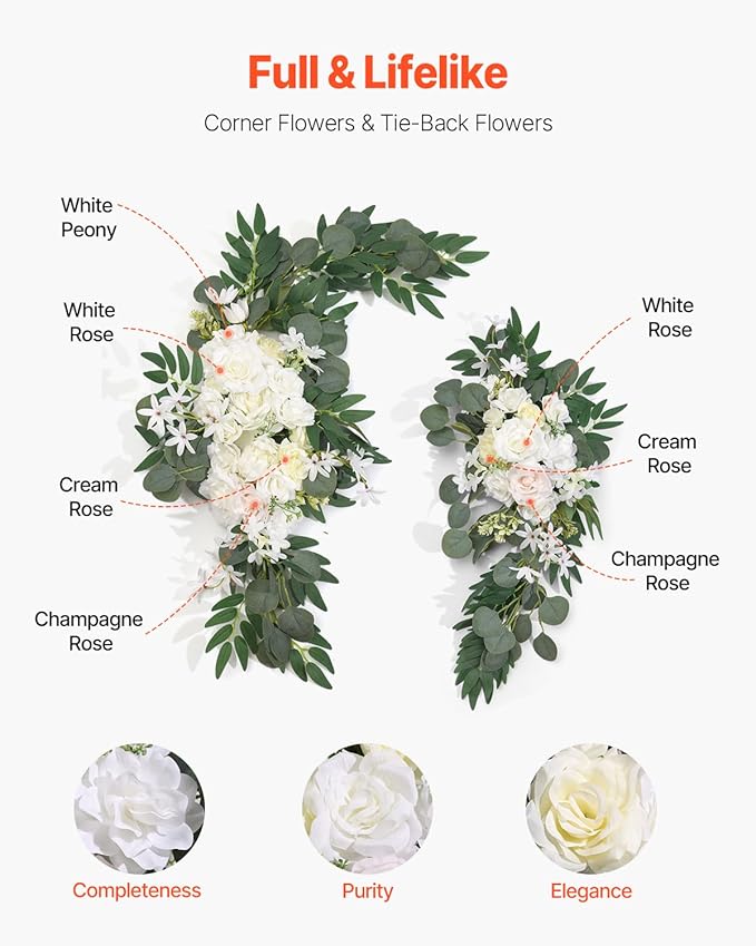VEVOR Artificial Wedding Arch Flowers Kit, White Wedding Arch Flowers with Drapes Kit (Pack of 3) - 2 Pcs Floral Arrangement, 1 Pcs Sheer Drapes, for Ceremony Bouquets Reception Backdrop Decoration