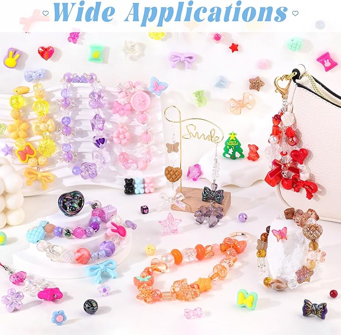 Assorted Acrylic Beads, 260-310PCS Mix ABS Imitation Pearl Cute Beads for Bracelet Making, Bow Flower Kawaii Charms for Jewelry Making DIY Necklace Keychain Phone Charm Christmas Gift