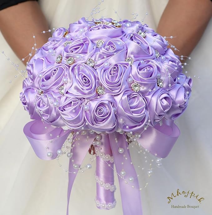Bridal Wedding Bouquet Round Bling Brooch Bouquet Throw Toss Artificial Rose Flower Bunch for Bride Bridesmaid Wedding Quinceanera(Light Purple, 9.8")