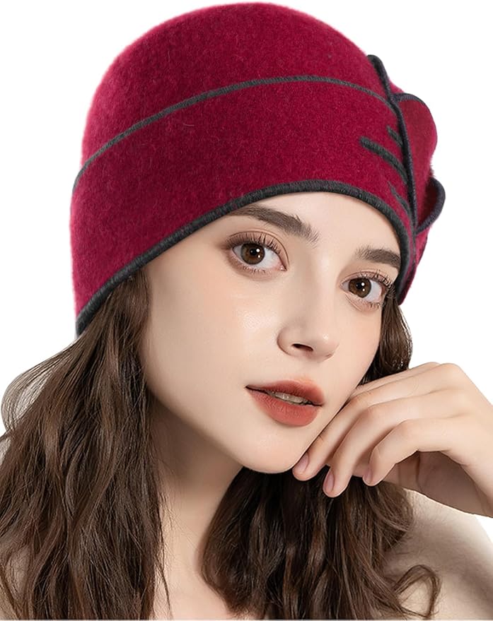 Sumolux Beanie Hats for Women Wool Skull Cap Beret Floral Cuffed French Vintage Dress Cloche Classic Winter 1920s
