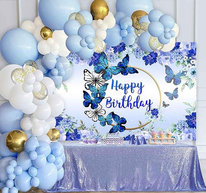 Butterfly Happy Birthday Backdrop Royal Blue Floral Photography Background Women Blue Flowers Birthday Wishes Party Decorations Banner Supplies Photo Booth 7x5ft